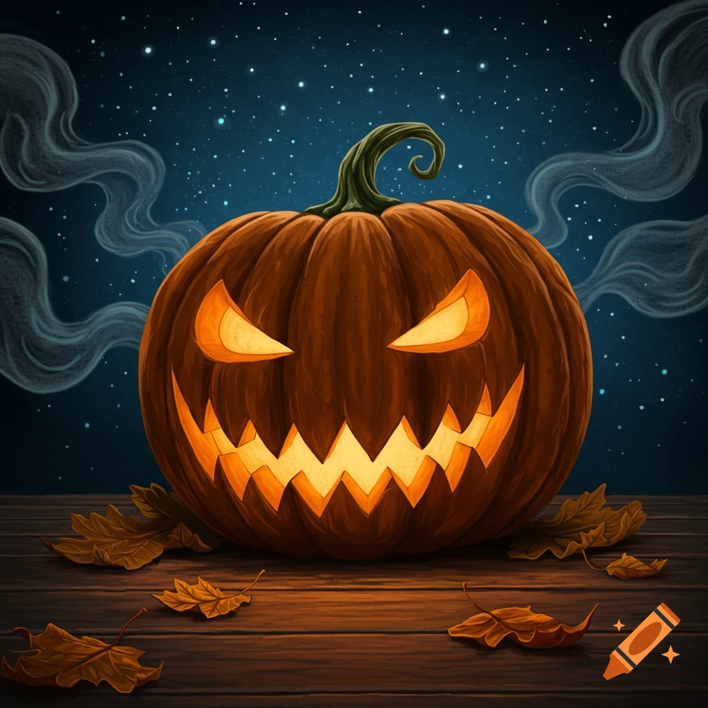 An illuminated jack-o'-lantern pumpkin on a wooden surface with fallen leaves, against a starry night sky with smoke, in an illustrative style.