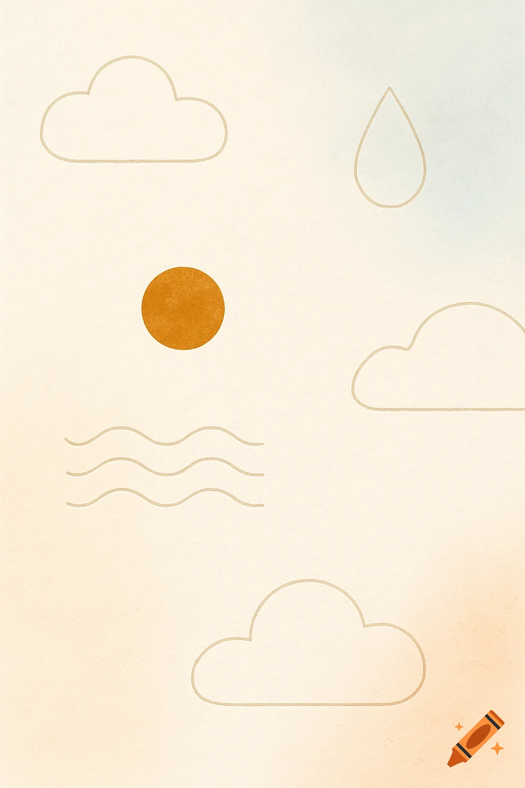 A minimalist abstract illustration with an orange circle, wavy lines, a teardrop, and three cloud outlines on a textured pastel background.