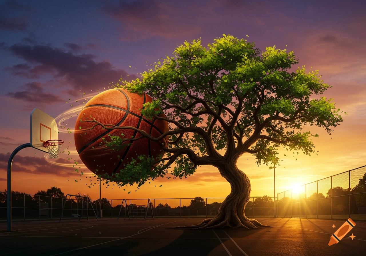 A large basketball transforms into a lush tree on an outdoor court under a vibrant sunset.