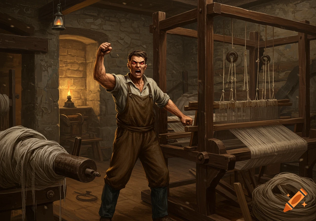 Angry male weaver with glowing red eyes raises his fist in a dark 19th-century style workshop with a loom.