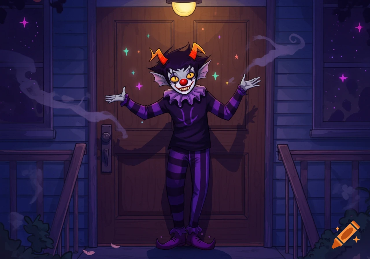 A cartoon Gamzee, a clown-like troll in a purple and black striped outfit, stands on a porch at night with arms outstretched, surrounded by stars.