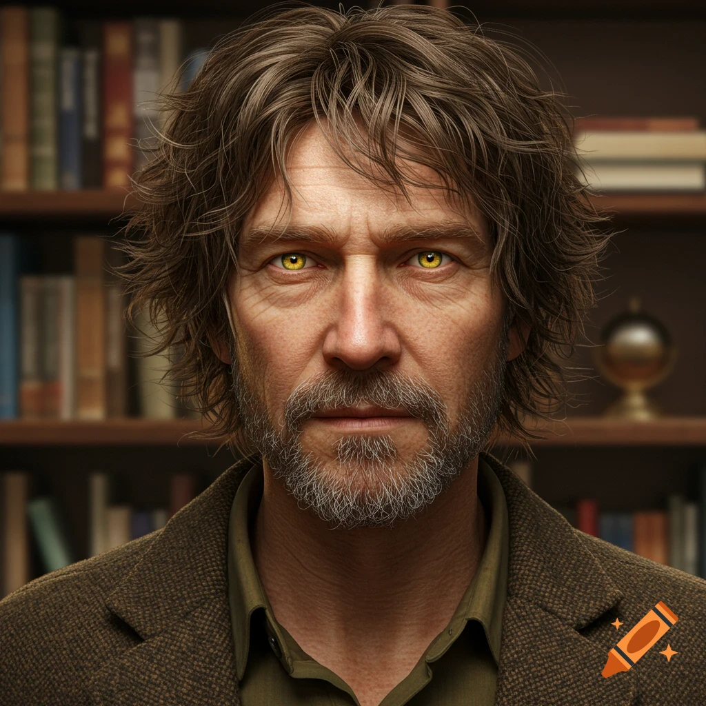 A close-up photorealistic portrait of a shaggy-haired man with a beard and intense yellow eyes, in a tweed jacket, in front of a bookshelf.