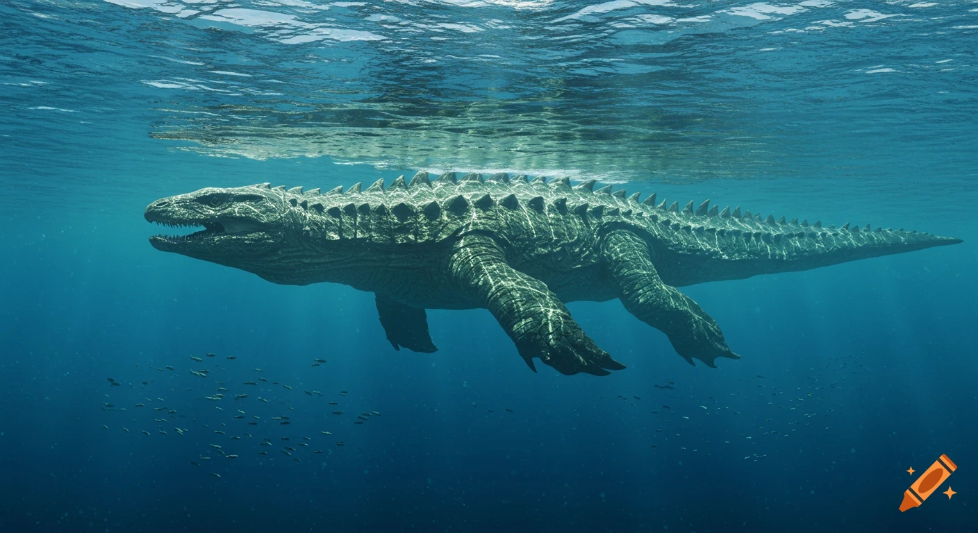 A large, photorealistic kaiju-sized reptile swims gracefully just below the ocean's surface, with small fish scattered beneath it.