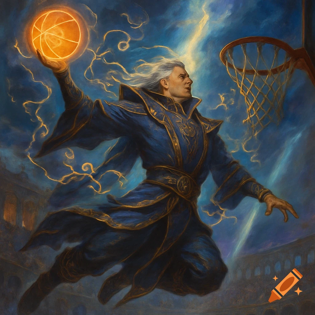 A white-haired mage in blue robes dunks a glowing basketball in a dramatic, painterly Magic: The Gathering art style.