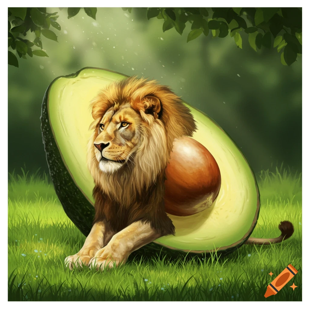 A majestic lion with a furry mane emerging from a sliced avocado, set in a lush green jungle.