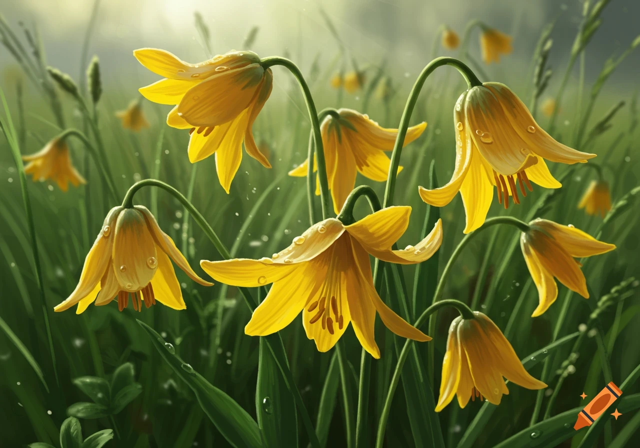 Close-up of bright yellow bell-shaped flowers with water droplets in a lush green field under soft light.