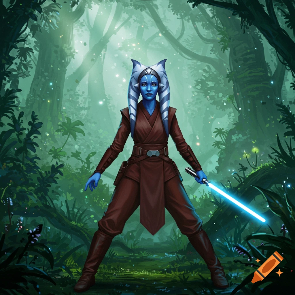 A blue-skinned alien woman in brown robes holds a glowing blue lightsaber in a magical forest. Digital art.