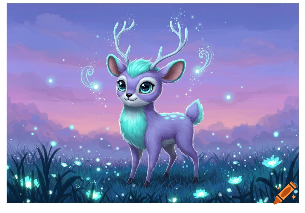 A cute, cartoonish purple and teal deer with glowing spots and blue antlers stands in a field of sparkling blue flowers under a pink and purple sky.