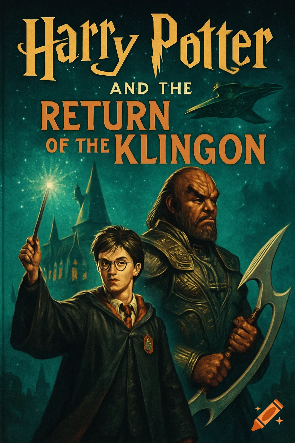 Book cover featuring Harry Potter with a wand and a Klingon warrior with an axe, against a starry sky with Hogwarts and a spaceship.