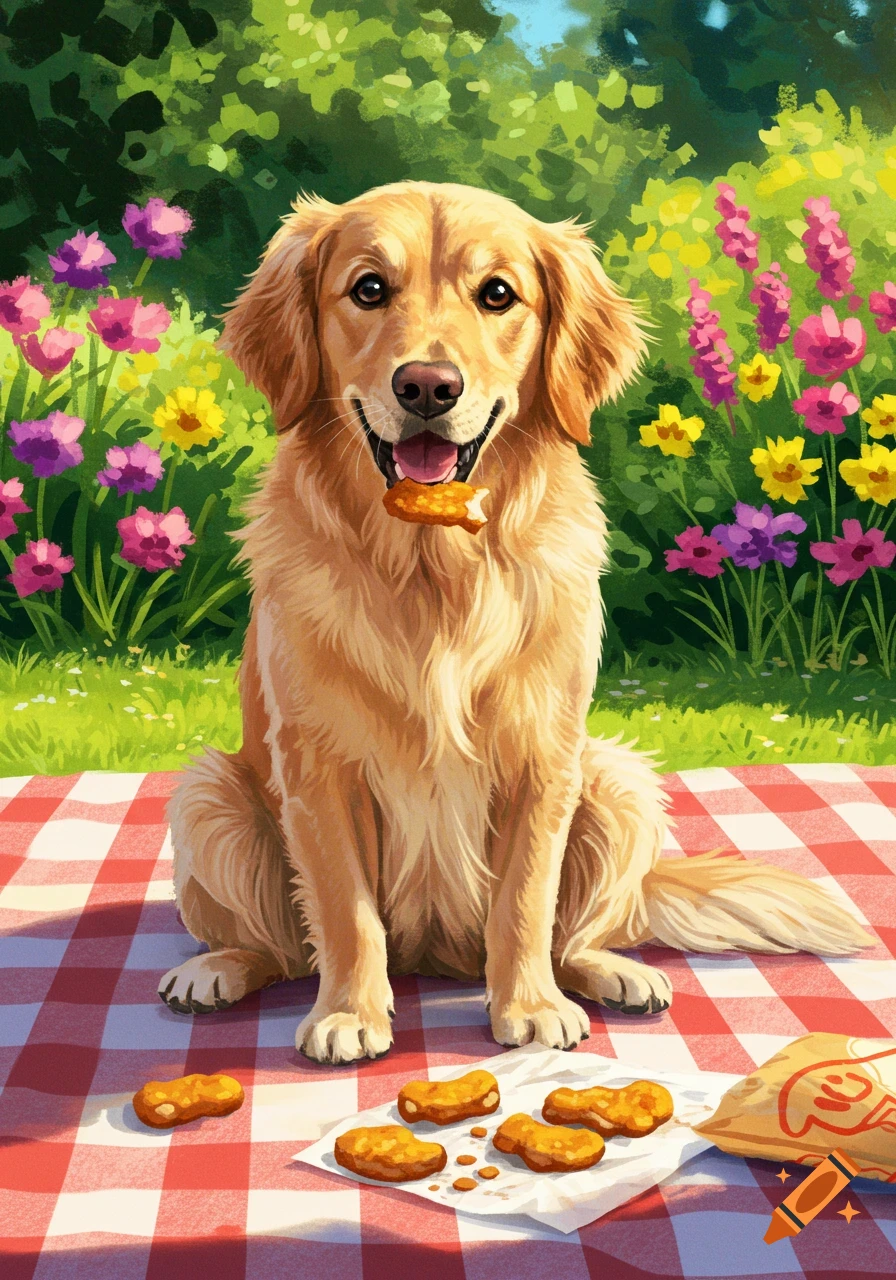 A happy golden retriever sits on a red picnic blanket in a flowery garden, eating chicken nuggets. Illustrated style.
