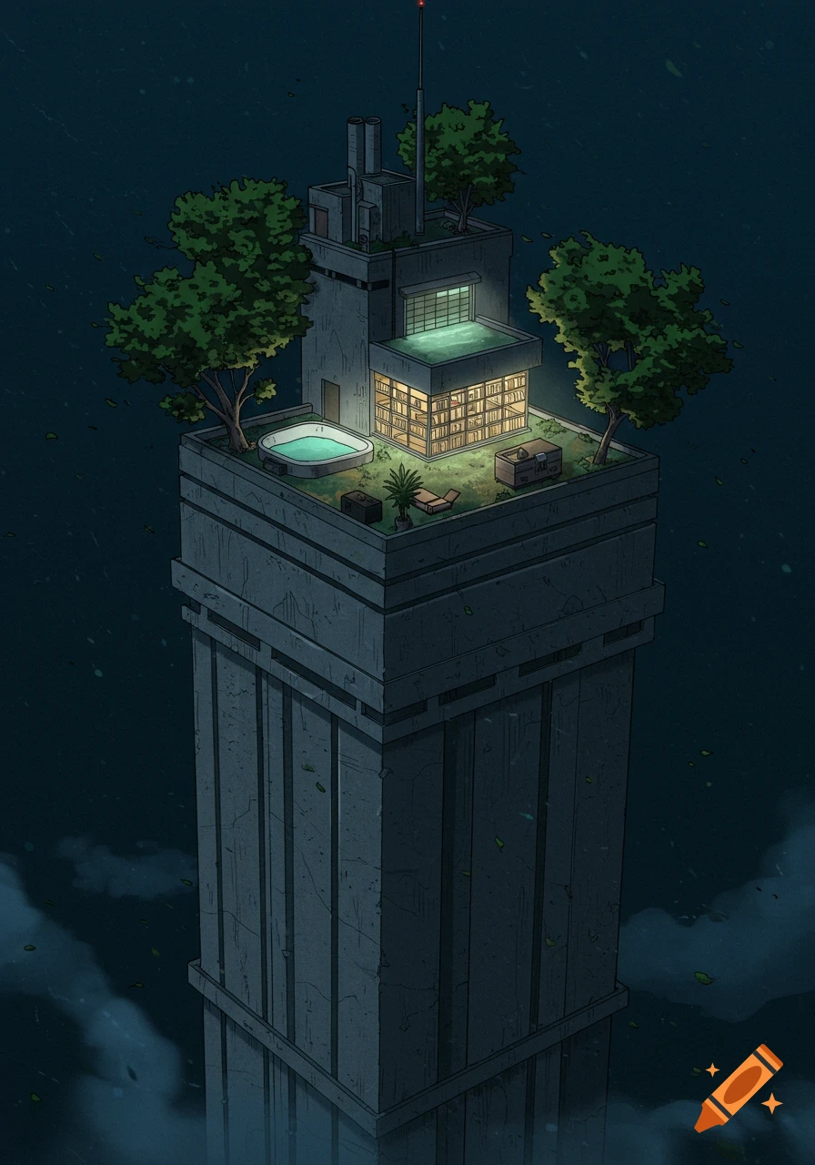 Illustrated brutalist tower with a rooftop garden, jacuzzi, and illuminated library at night.