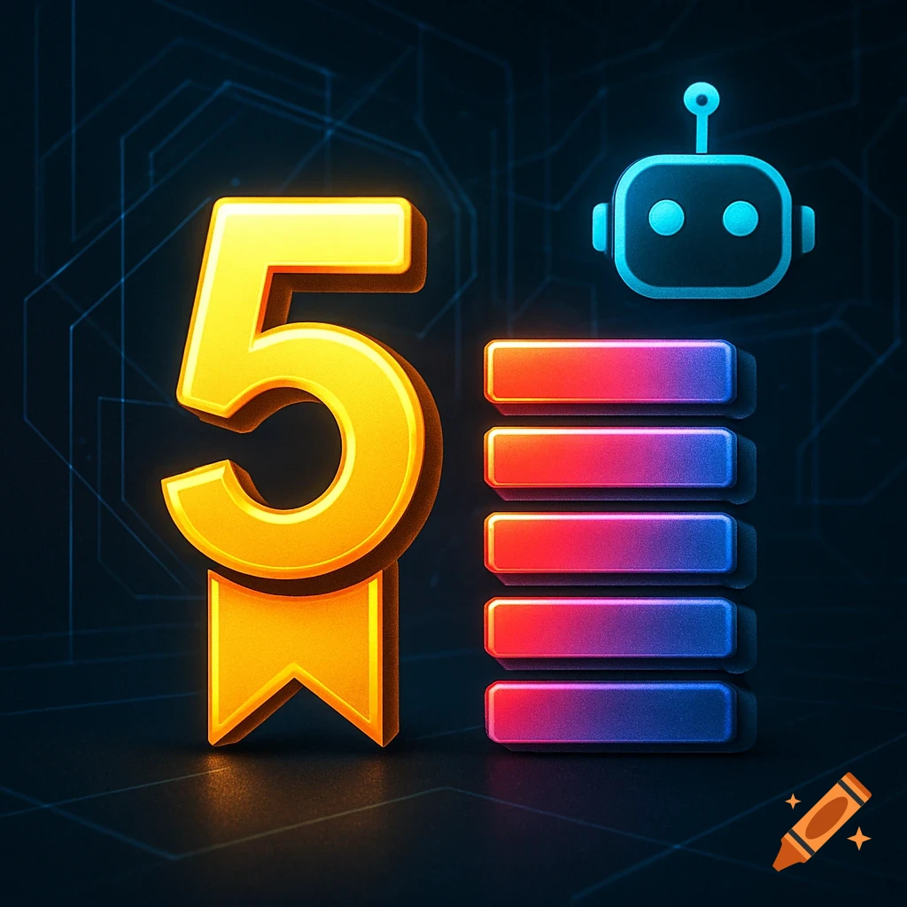 A glossy golden number 5 with a ribbon, alongside a stack of glowing gradient bars and a blue robot icon, on a dark digital circuit background.