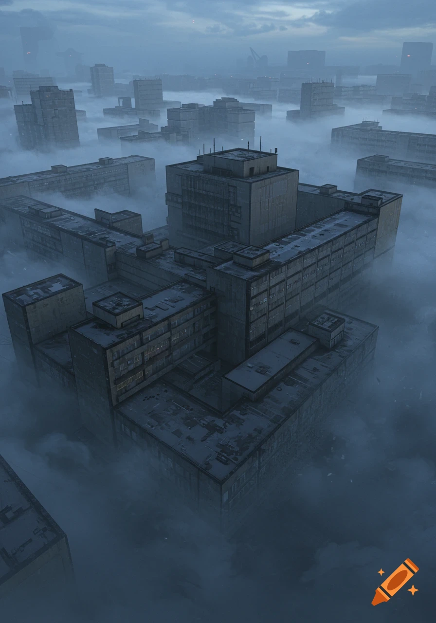 Aerial view of a sprawling brutalist city complex, partially obscured by dense fog under a bleak sky.
