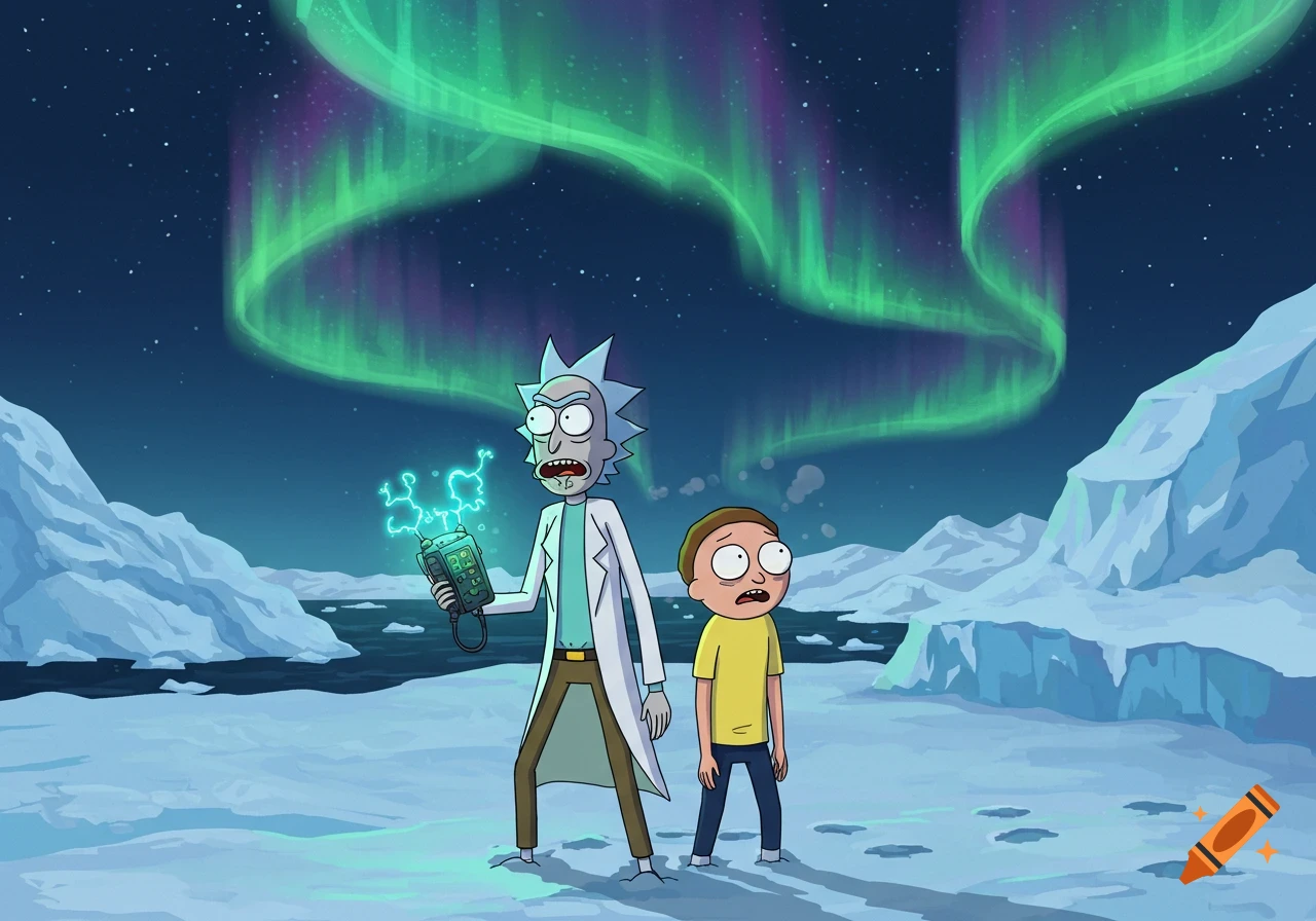 Rick and Morty stand in a snowy Antarctic landscape under the aurora borealis, Rick holding a glowing device.