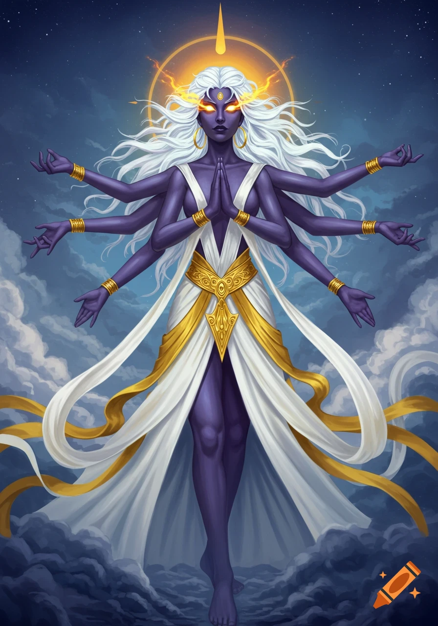 Six-armed goddess with purple skin, fiery golden eyes, and white hair in white and gold robes against a cloudy night sky.