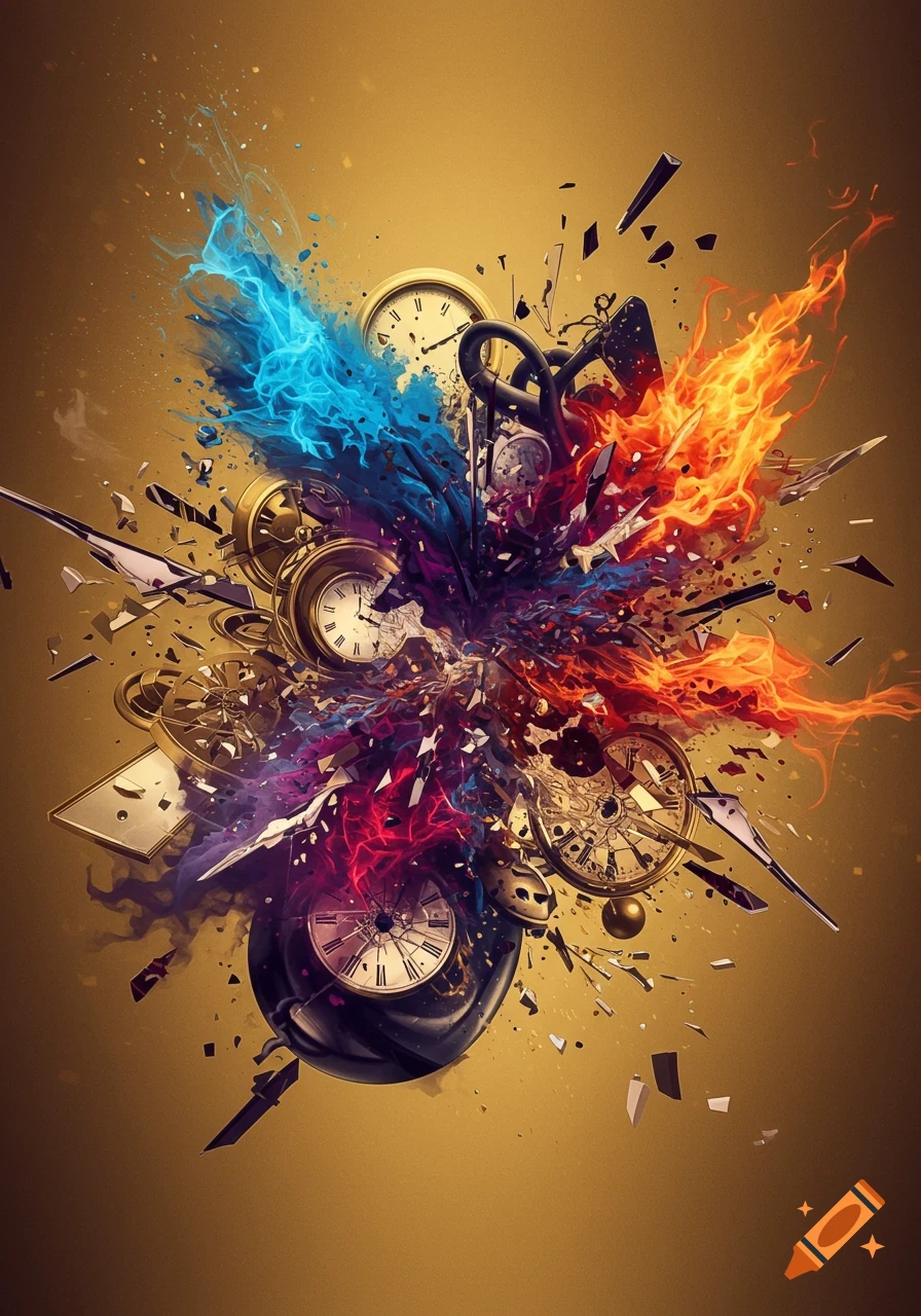 Abstract explosion of gold pocket watches and clock fragments, erupting with blue and orange flames on a golden background.