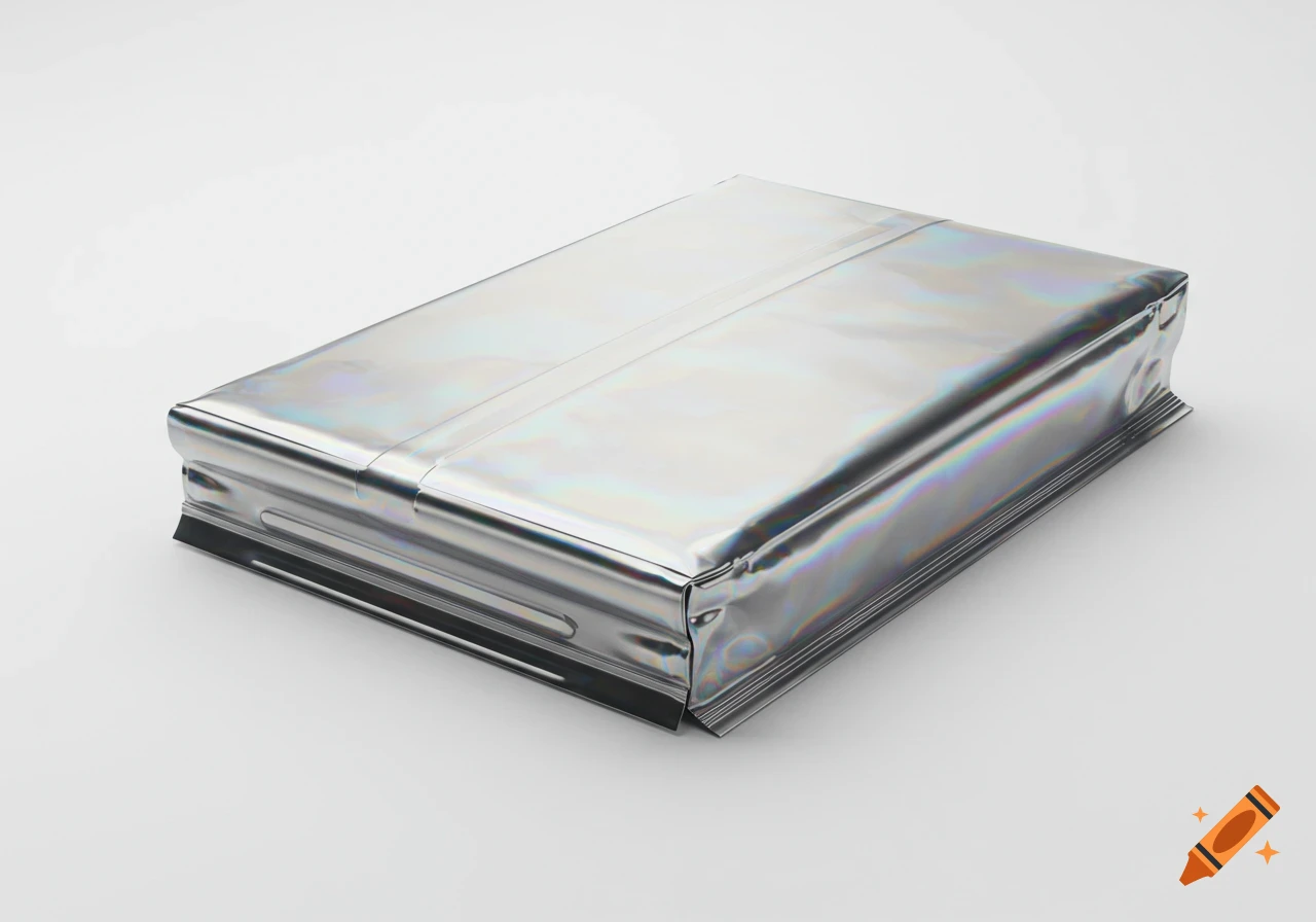 A shiny, iridescent silver poly mailer package resting on a white surface.