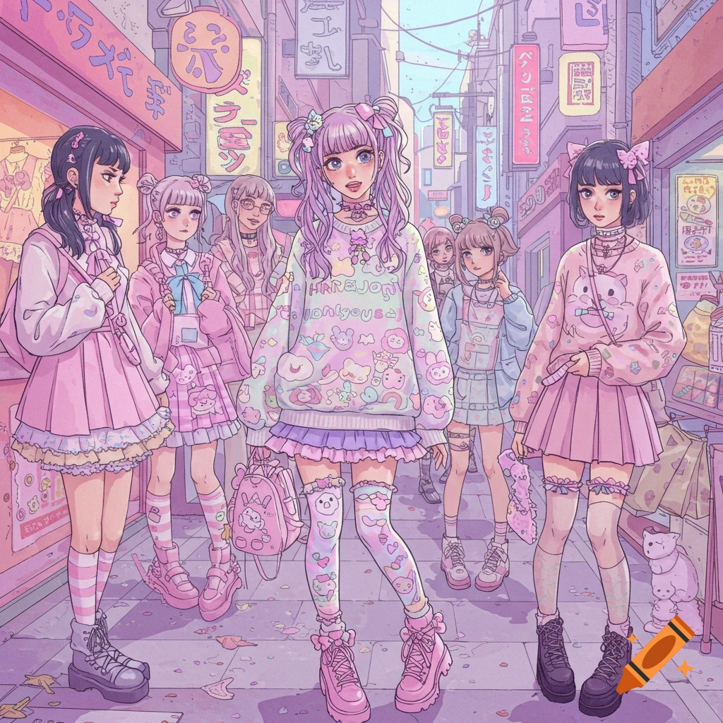 Several anime-style girls in pastel Harajuku fashion walk down a bustling street with shops and signs.