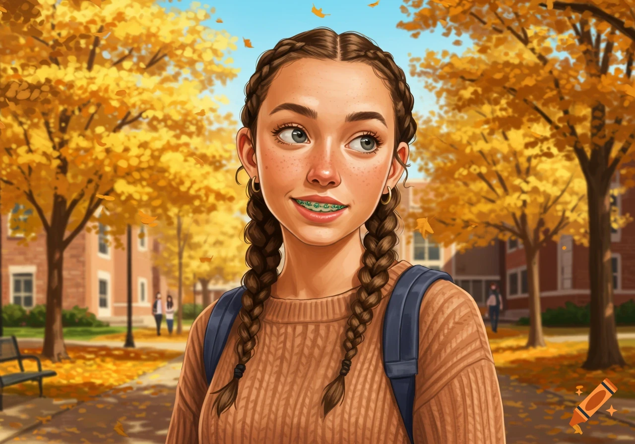 An illustrated college girl with braided hair and green braces smiles on an autumn campus path with yellow trees.