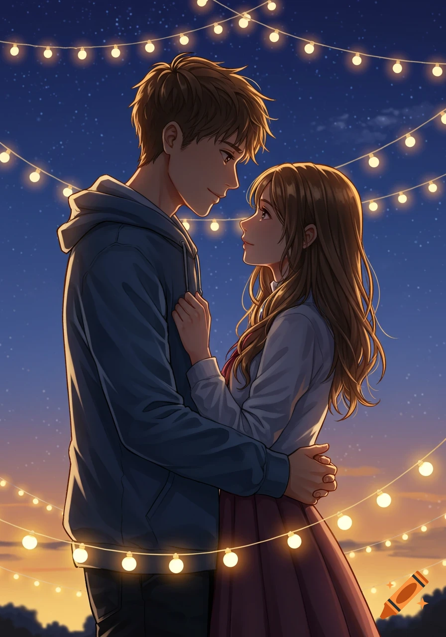 Anime couple embraces under string lights, looking into each other's eyes at night.