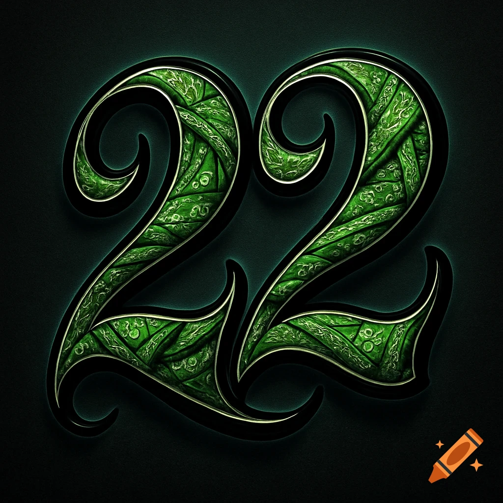 Stylized green number 22 with a bandana texture, calligraphy script, and glowing edges on a dark background.