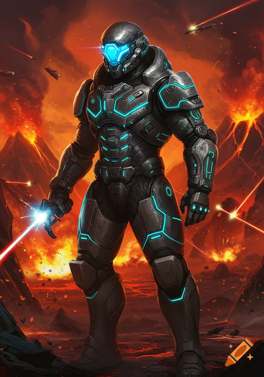 A futuristic soldier in dark power armor with glowing blue accents, holding a laser sword in a volcanic, fiery battleground.