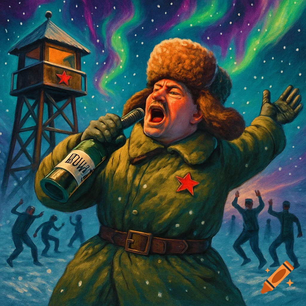 A Soviet gulag guard in an oversized coat and fur hat sings into a vodka bottle under northern lights, with shadowy prisoners dancing in the snow.