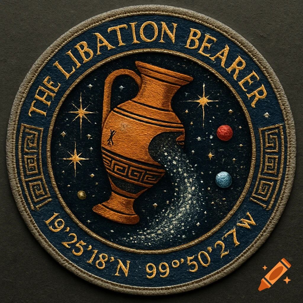 Round embroidered mission patch with a gold amphora pouring stars into a dark blue, starry background. Gold text reads 'THE LIBATION BEARER' and coordinates.