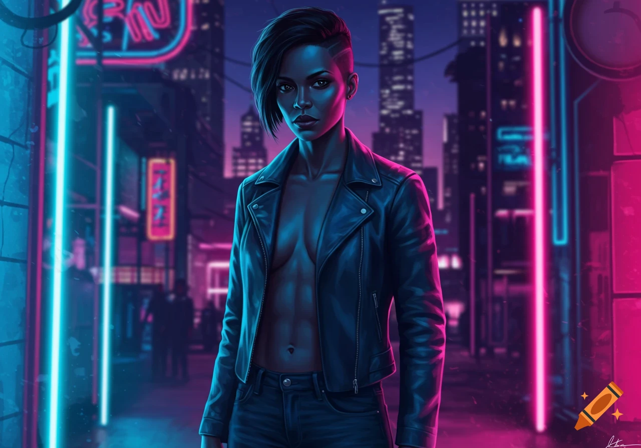 A woman with a shaved side haircut in a leather jacket stands in a neon-lit cyberpunk city street.