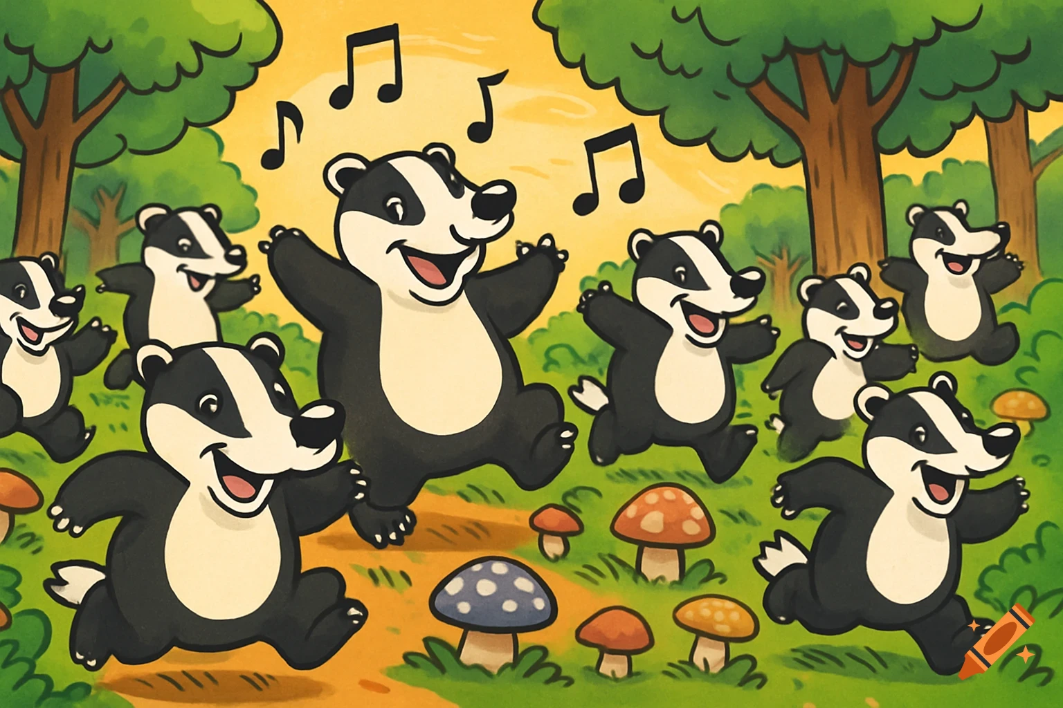 A vibrant cartoon illustration of many cheerful badgers dancing and running on a sunny forest path with mushrooms and musical notes.