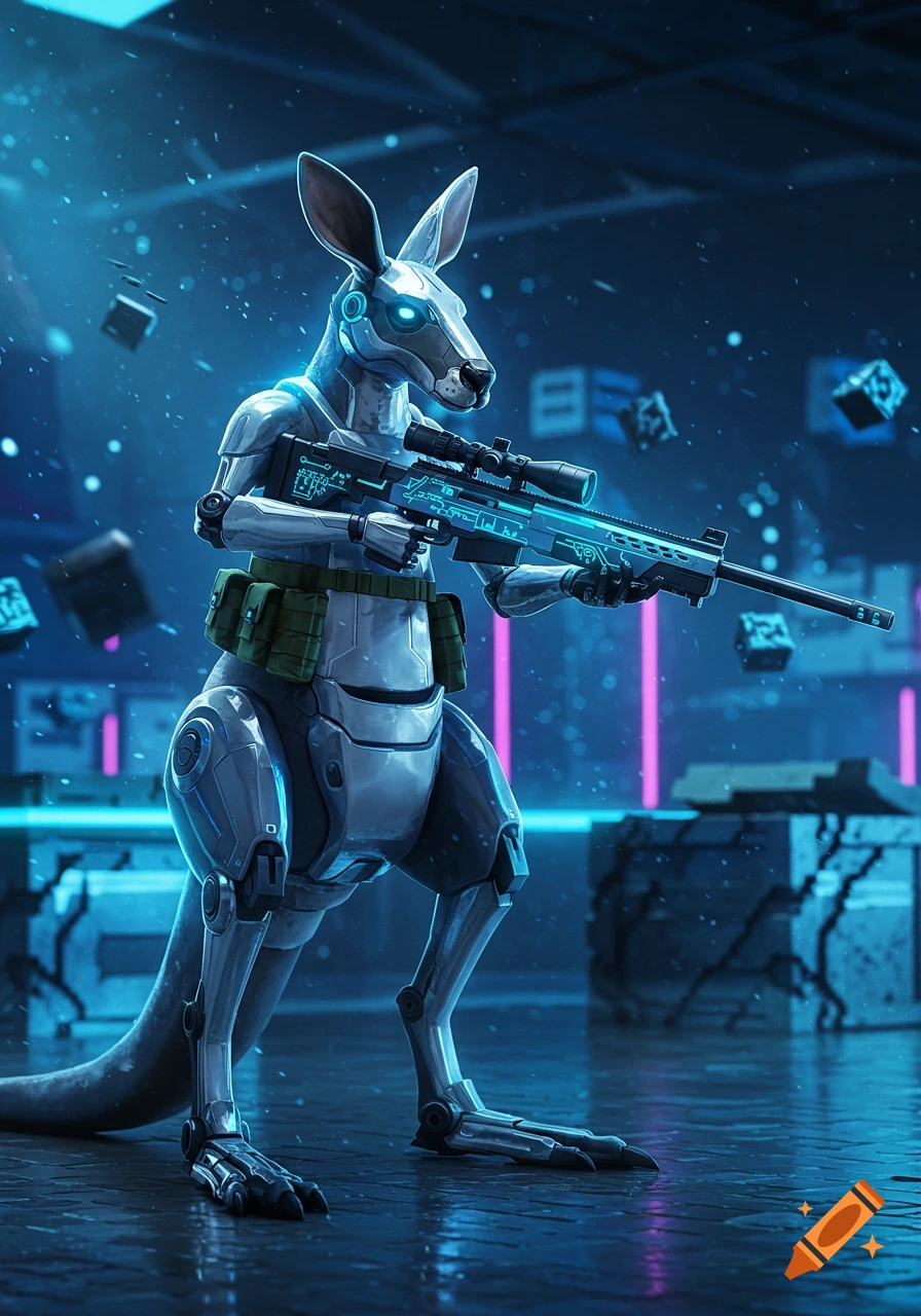 A futuristic robotic kangaroo, glowing blue, stands in a dark, neon-lit room, holding a detailed sniper rifle with circuit patterns.