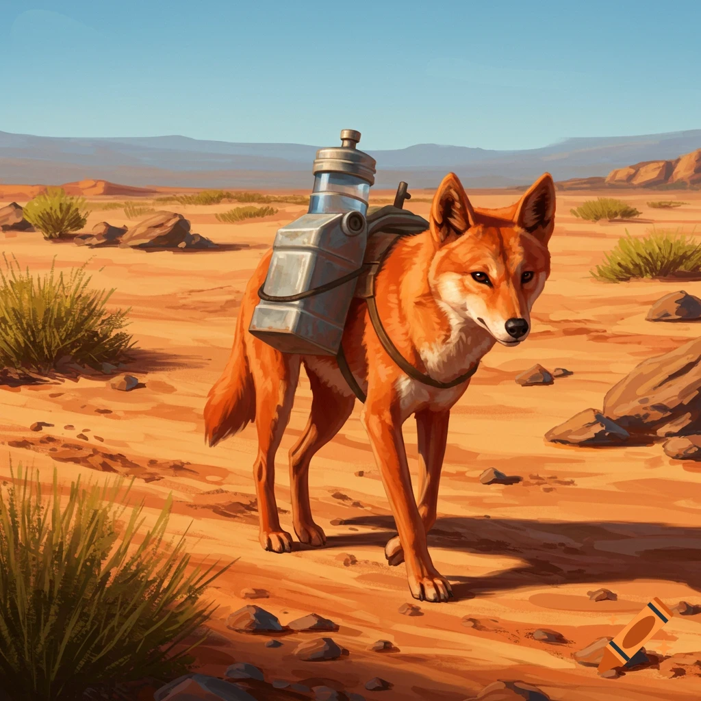 A red dingo with a water container strapped to its back walks across a sandy desert under a clear blue sky.