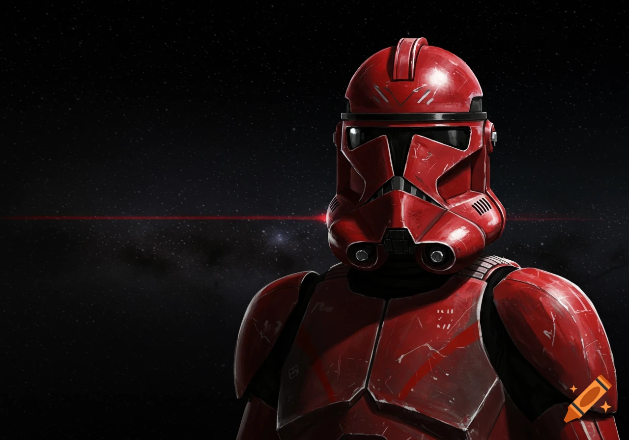 A close-up of a red and black Clone Trooper helmet and chest armor, covered in battle scars, against a starry dark background with a red laser line.