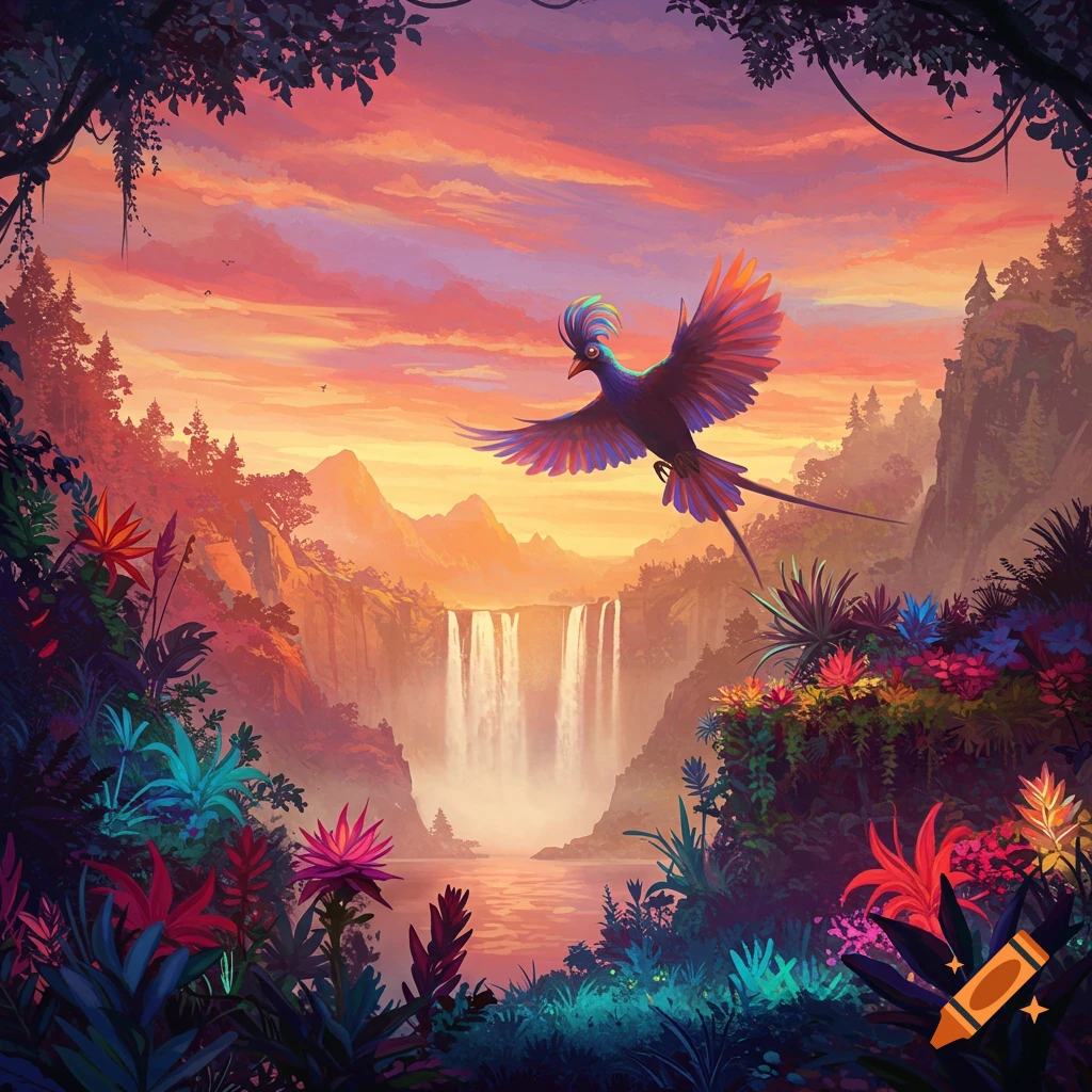 A colorful bird flies over vibrant waterfalls in a lush tropical jungle at sunset, depicted in a rich fantasy art style.