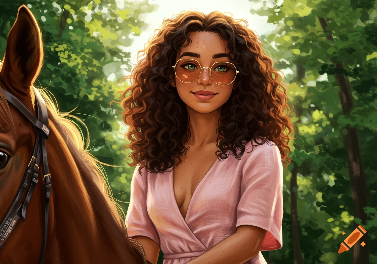 A young Latina woman with curly hair and sunglasses, wearing a pink dress, rides a horse in a sunny wood in digital art style.