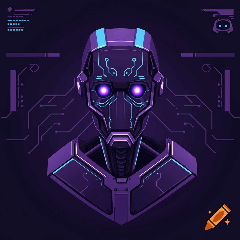 A stylized purple and black robot bust with glowing purple eyes and blue circuit patterns against a dark background, with a Discord logo.