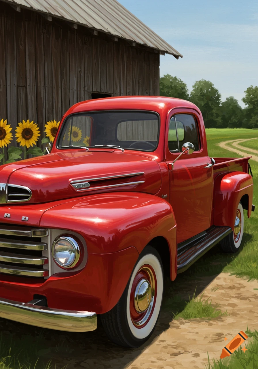 A vibrant red vintage 1949 Ford pickup truck parked on a dirt path beside a rustic wooden barn with sunflowers and a green field.