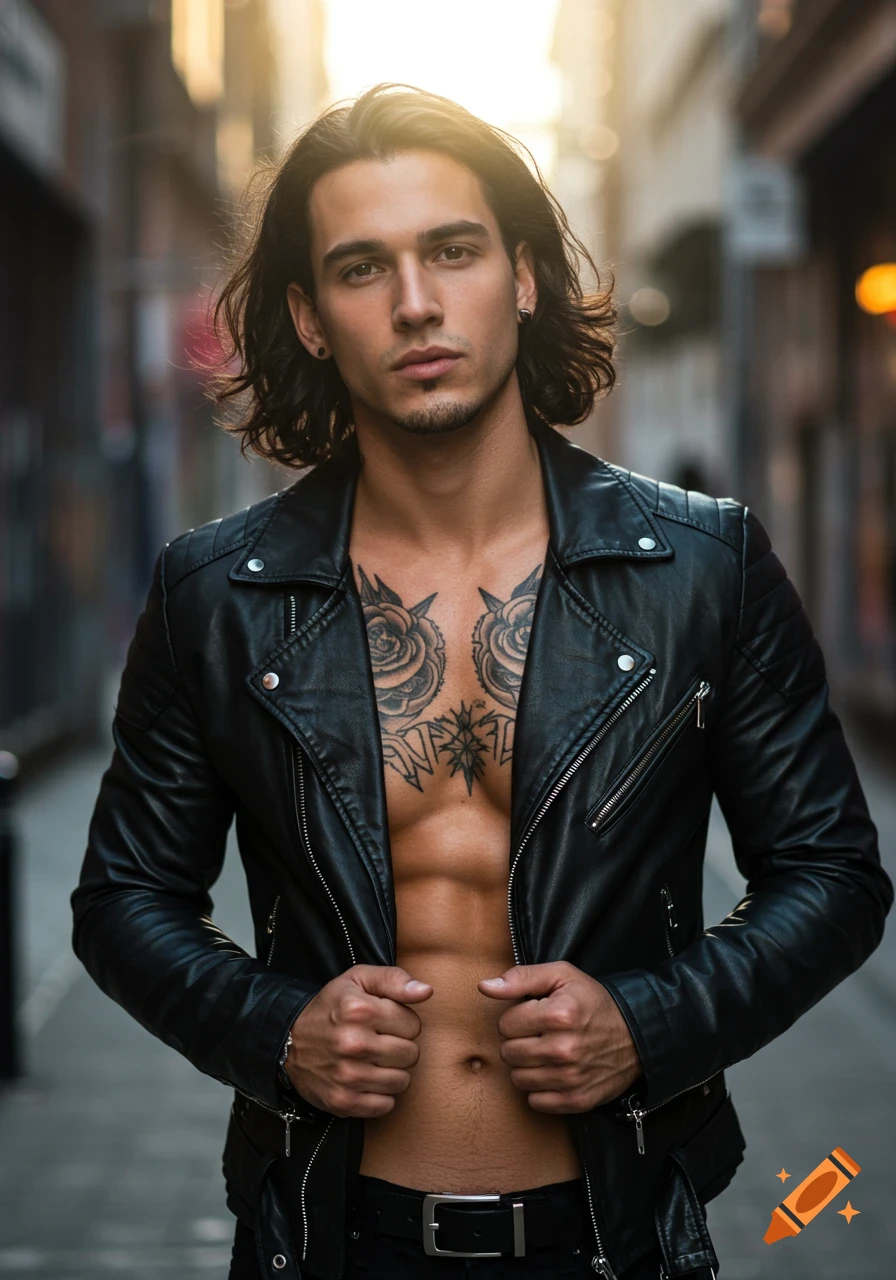 A handsome man with long dark hair, an open black leather jacket, and chest tattoos, standing in an alley. Photorealistic style.