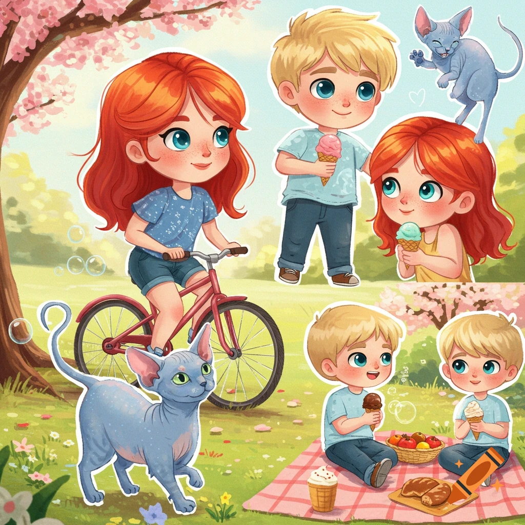 Cartoon children and Sphynx cats in a park, some cycling, others eating ice cream or having a picnic under cherry blossoms.