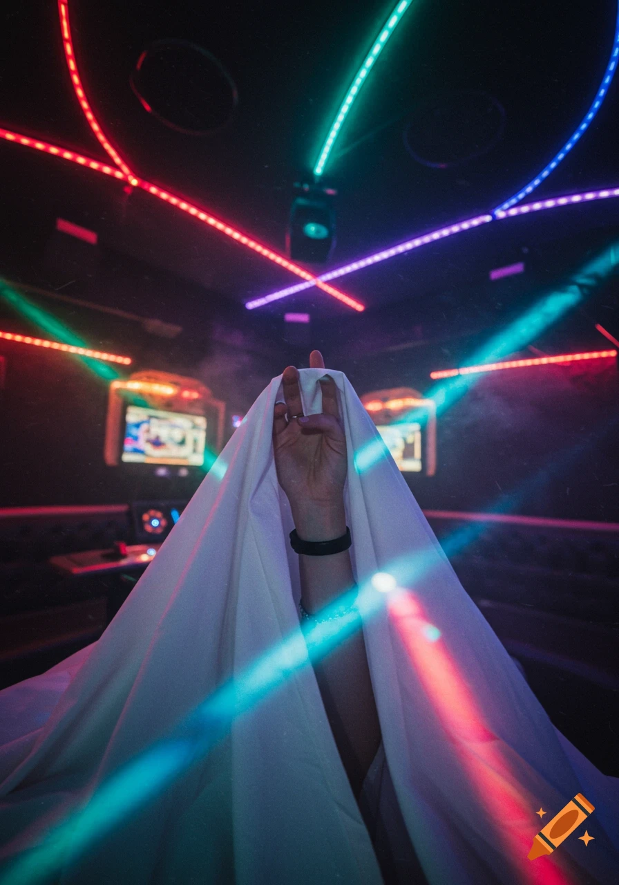 A hand in a black bracelet makes a rock-on gesture from under a white sheet in a dimly lit karaoke room with colorful neon lights.