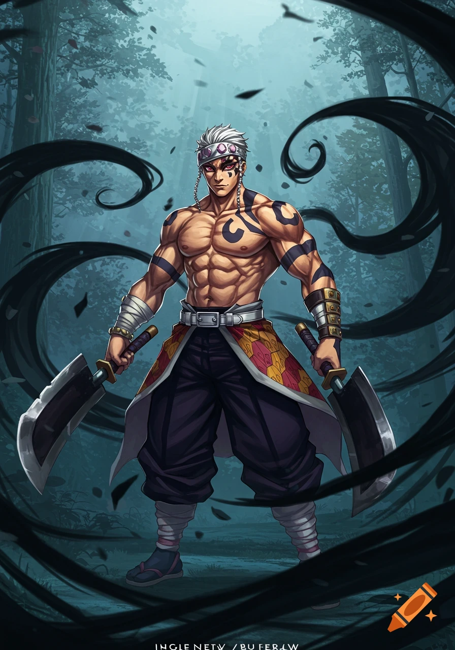 Muscular white-haired anime male character, Tengen Uzui, stands in a dark forest, holding two large cleavers, with black shadows swirling around him.