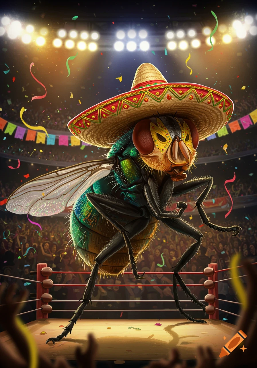 A cartoon fly in a wrestler's outfit and sombrero poses in a boxing ring with a cheering crowd and falling confetti.