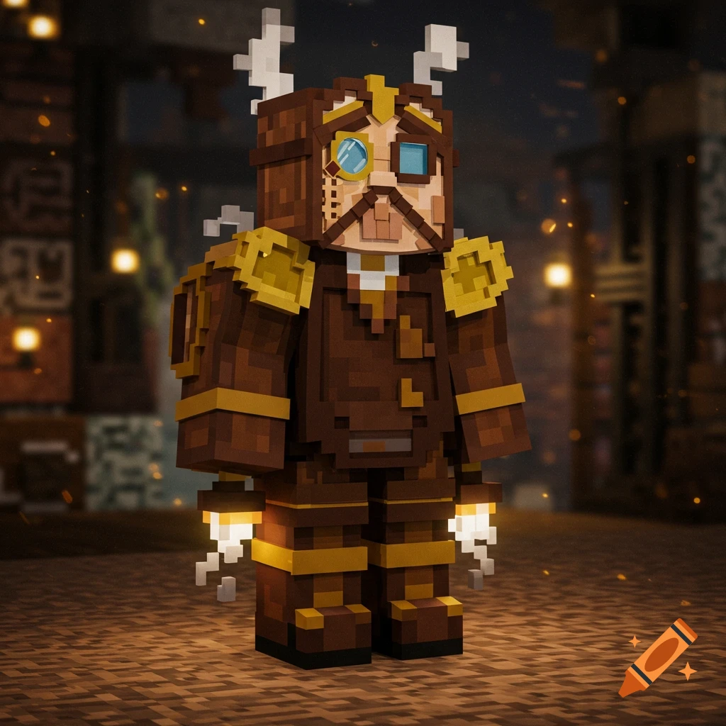A pixelated Minecraft-style steampunk character in a brown suit with golden epaulets, a monocle, goggles, and a large mustache, standing against a blurry dark background.