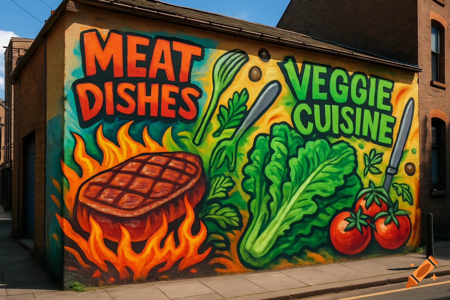 Colorful graffiti mural on a building wall, featuring a grilled steak with flames for 'MEAT DISHES' and vegetables for 'VEGGIE CUISINE'.