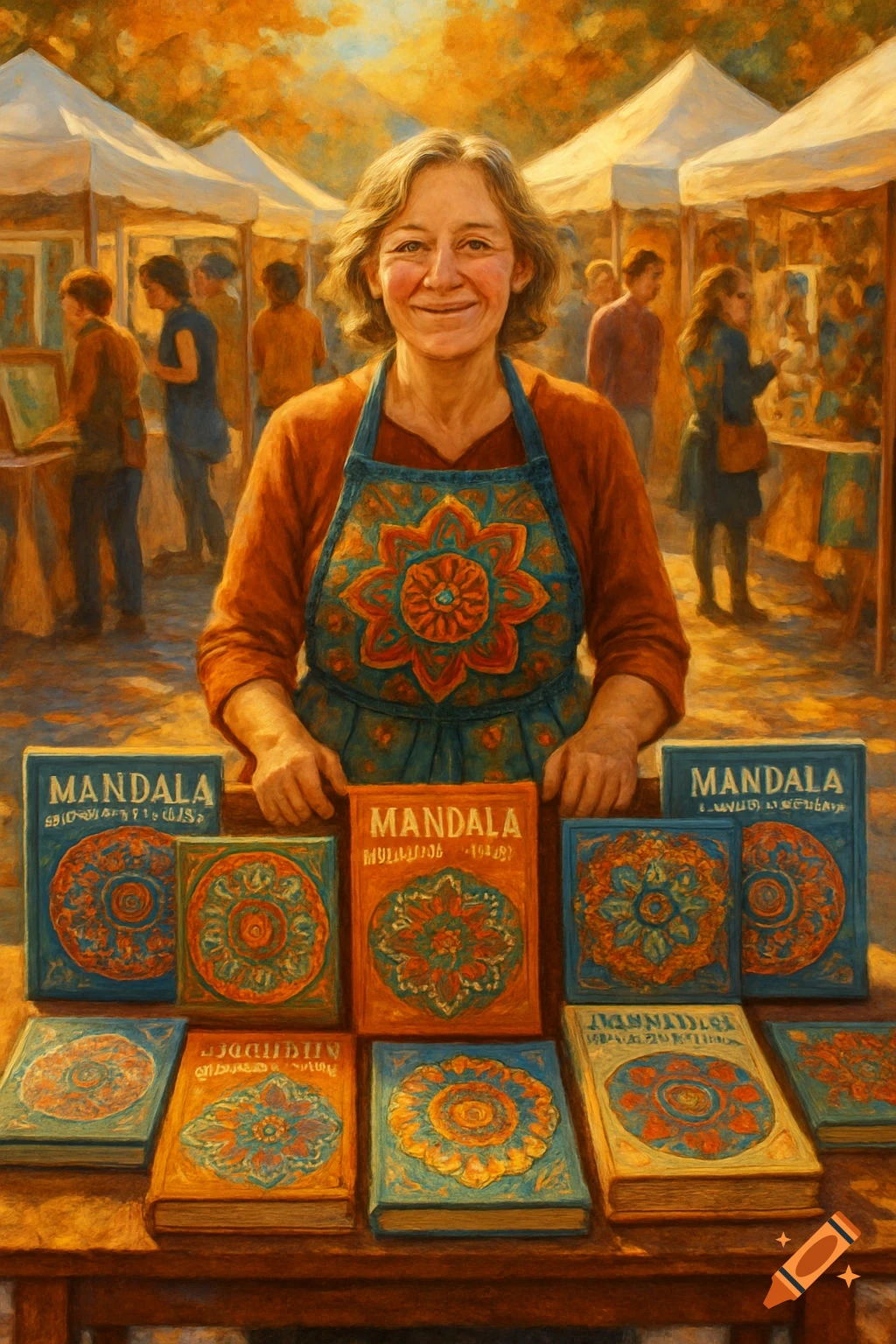 A smiling woman vendor at an outdoor art fair stands behind a table laden with colorful mandala books. Painted in warm, sunny tones.