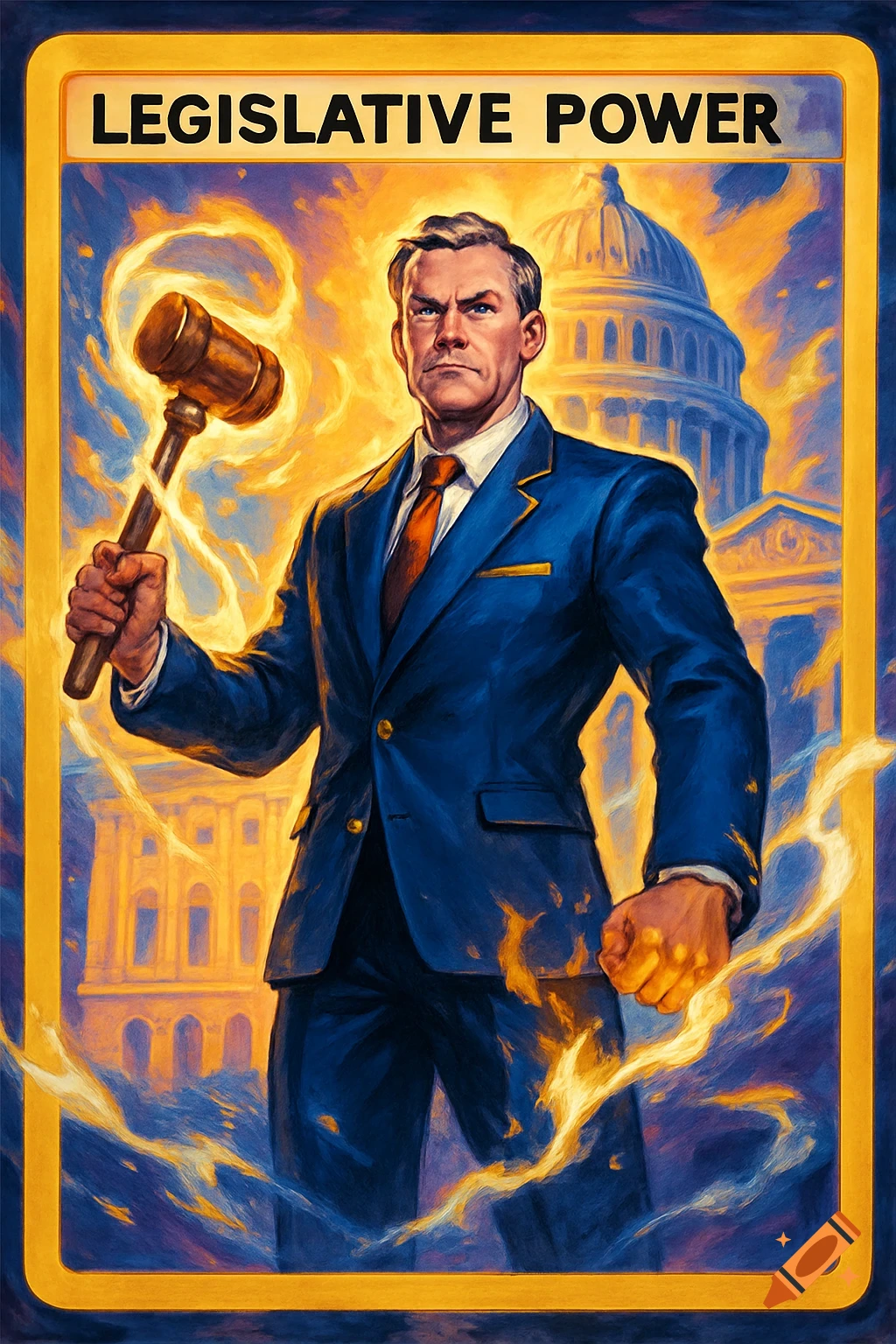 Illustrated man in a suit holding a gavel, enveloped in golden energy, in front of a capitol building, designed like a card.