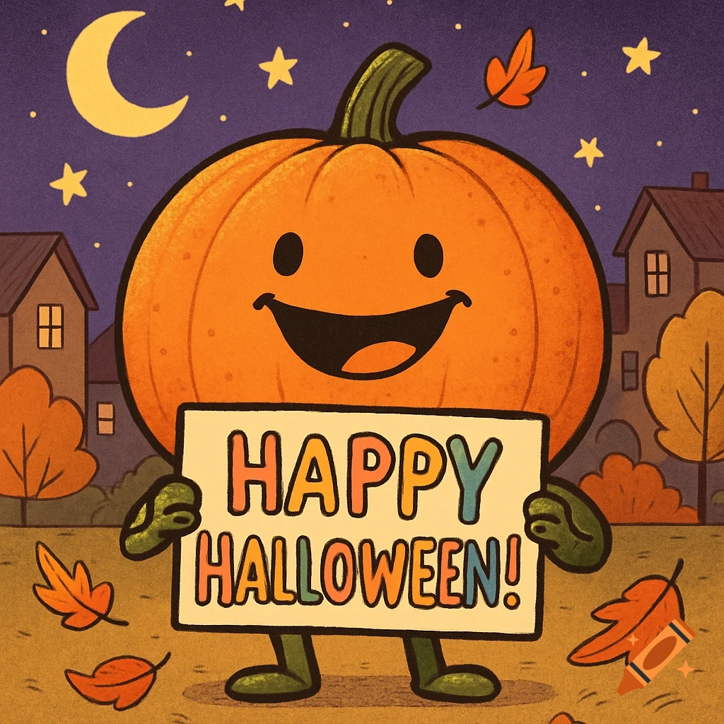 A happy cartoon pumpkin character with dot eyes holds a sign saying "Happy Halloween!" in a fall night scene with houses.