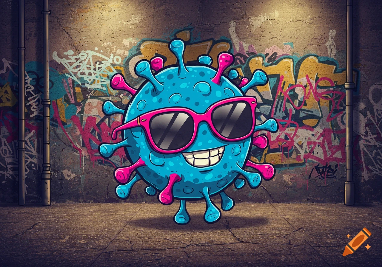 A cool, smiling electric blue and hot pink cartoon virus wearing sunglasses stands in front of a colorful graffiti-covered street wall.