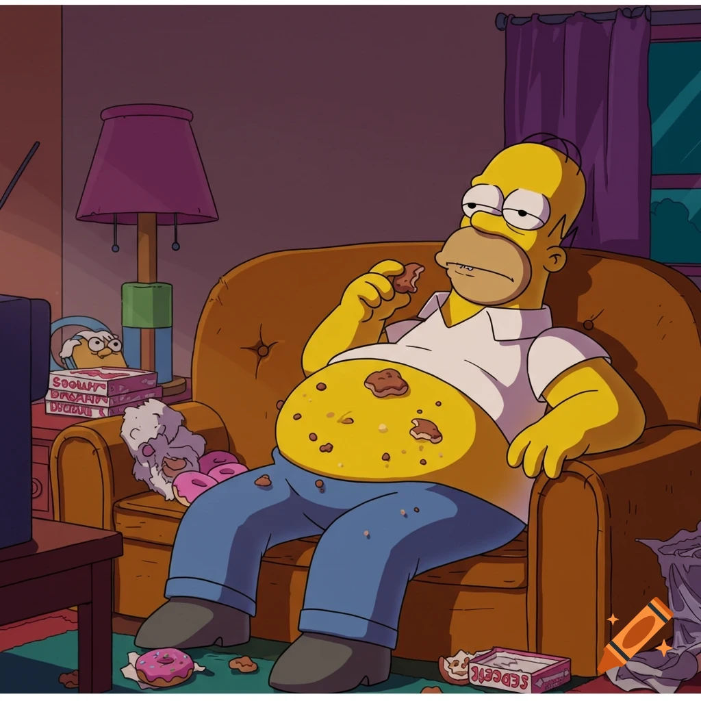 A very fat Homer Simpson sits on a couch eating a cookie, surrounded by donuts and wrappers, in a cartoon style.