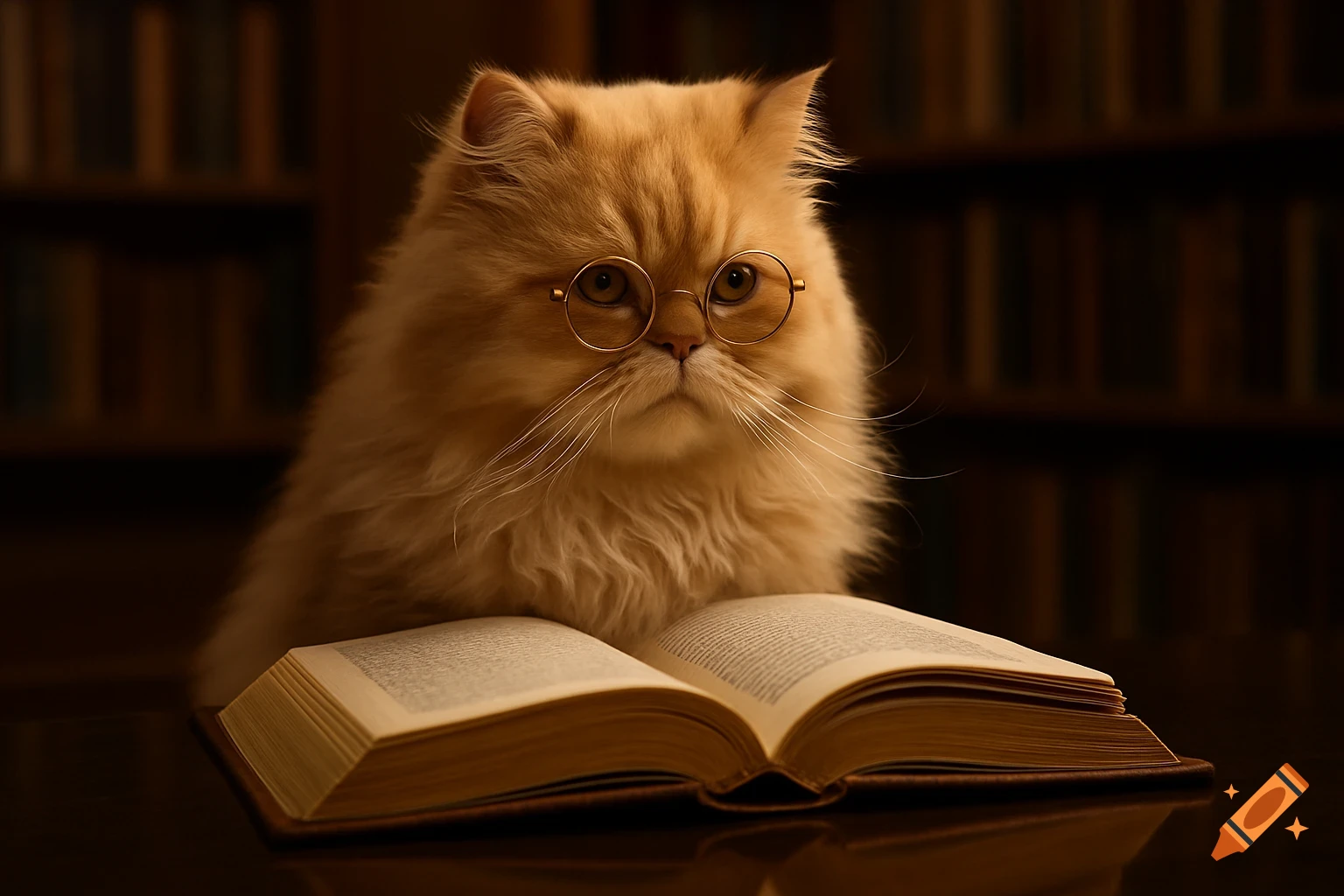 A thoughtful Persian cat in round glasses reads an open book on a reflective surface in a dimly lit library. Photorealistic.